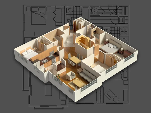 3D umeblowany dom wnętrze — Zdjęcie stockowe