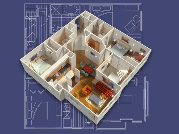 3D επιπλωμένο σπίτι εσωτερικό — Φωτογραφία Αρχείου