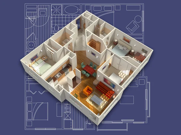 Interno della casa arredata 3D — Foto Stock