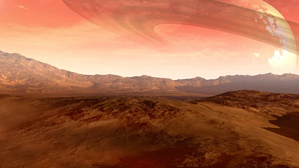 Roter Planet mit einem ringförmigen Mond — Stockfoto