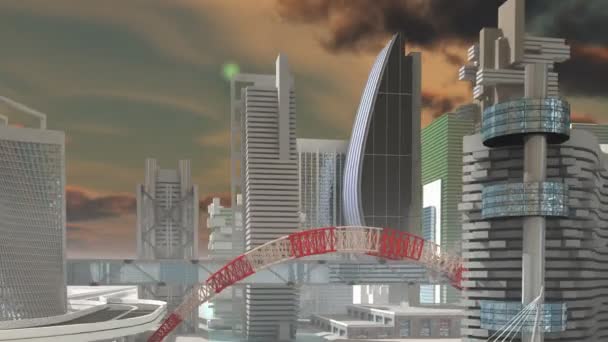 Volar sobre una ciudad de ciencia ficción — Vídeo de stock
