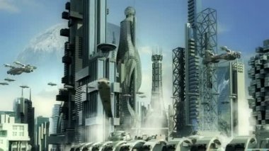 Metalik gökdelenler ile fütüristik cityscape 