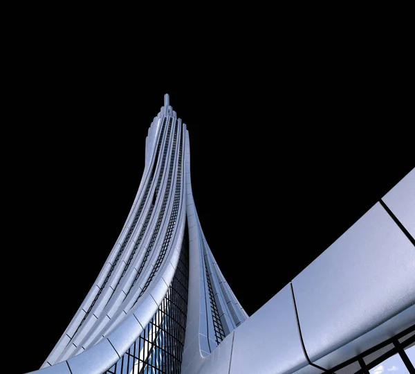 Απόδοση Φουτουριστικής Αρχιτεκτονικής Ουρανοξύστη Που Απομονώνεται Στο Μαύρο Μονοπάτι Αποκοπής — Φωτογραφία Αρχείου