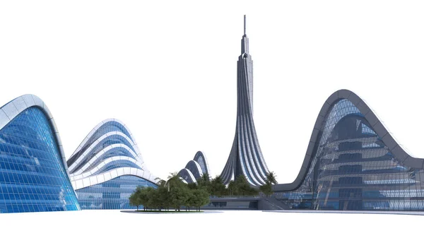Weergave Van Een Skyline Van Een Stad Met Futuristische Architectuur — Stockfoto