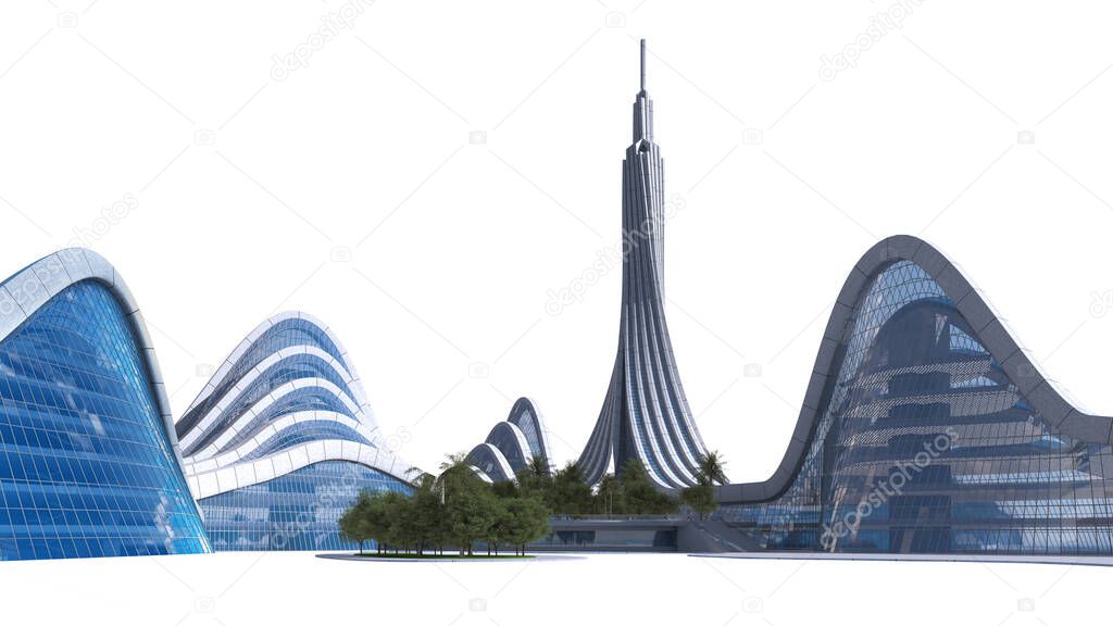 3D rendering of a city skyline with futuristic architecture, isolated on white and the clipping path included in the file, for science fiction or fantasy backgrounds.