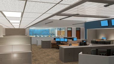 Kabinlerde ve ağ yönetimi cam duvarının arkasında mavi ekran monitörlü 3B bir ofis alanı oluşturma.