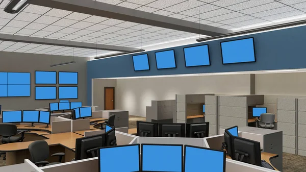 Office space or network operations center 3d rendering with blue screen monitors in cubicles and on walls.