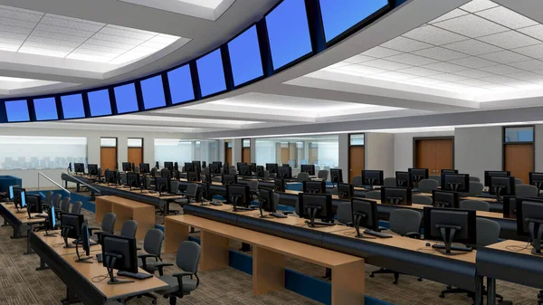 3D Illustration with blue screen monitors in a classroom or a surveillance and network operations center.