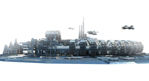 Futurystyczna Panorama Miasta Metalicznymi Strukturami Architektonicznymi Poduszkowcami Tle Sci Kanałem — Zdjęcie stockowe