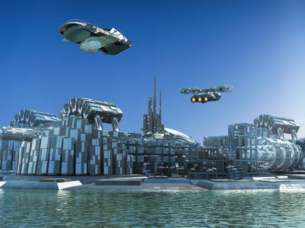 Futuristic City Skyline Illustration Metallic Structures Surrounded Water Flying Drones — Stock Photo, Image