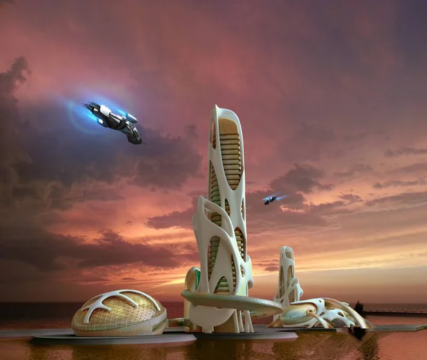 Horizonte Ciudad Marina Con Estructuras Arquitectónicas Futuristas Orgánicas Aviones Flotantes — Foto de Stock