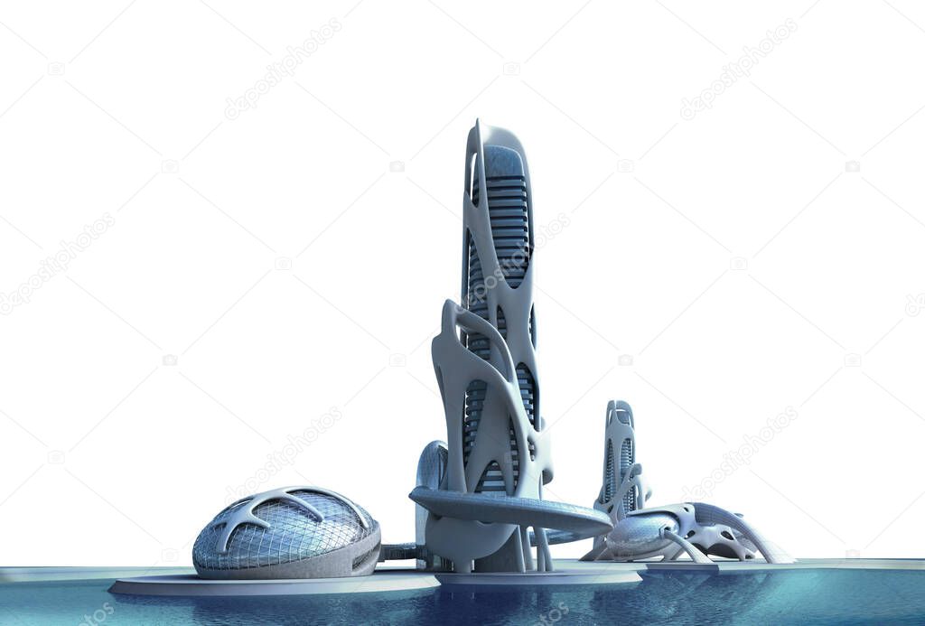 Futuristic city silhouette with organic architectural structures, for science fiction backgrounds, with the skyline profile clipping path included in the 3D illustration.