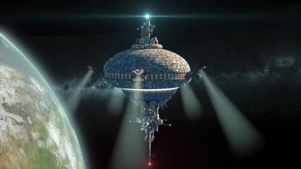 Kosmiczny Statek Kosmiczny Ufo Mijający Ziemię Dla Futurystycznych Gier Wideo — Wideo stockowe