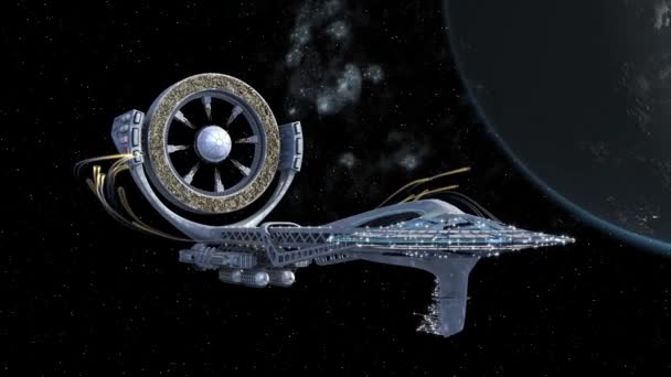 Mimozemská Vesmírná Loď Ufo Poblíž Země Drony Vzlétajícími Formaci — Stock video