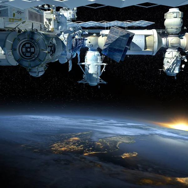 Rendering International Space Station Flying Earth Showing Its Detailed Modular — Stock Photo, Image