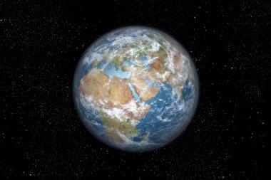 3D Dünya gezegeninin gündüz görüntüsü Afrika, Ortadoğu ve Avrupa 'yı göstermek için döndürüldü, dosyada kırpma yolu da vardı. Bu görüntünün elementleri NASA tarafından desteklenmektedir.