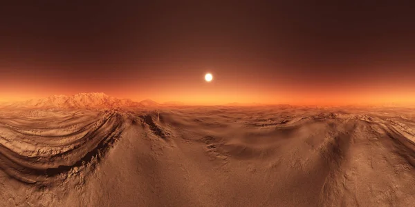Mars 'ta gün doğumu, kızıl gezegen, 360 HDRI küresel manzaralı 3D illüstrasyon ortamları.