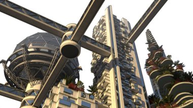 Üç boyutlu fütüristik çevre mimarisi, bitki örtüsü, jeodezik kubbe ve köprü yapılarıyla kaplı teraslar. Kırpma yolu dosyaya dahil.