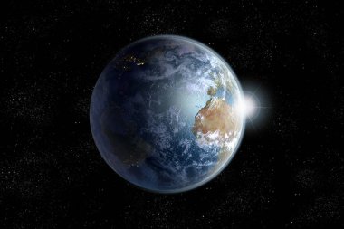 Atlantik Okyanusu 'nun kıtalarla çevrili olduğu uzaydan Dünya' ya şafak söküyor. Bu görüntünün elementleri NASA tarafından desteklenmektedir.