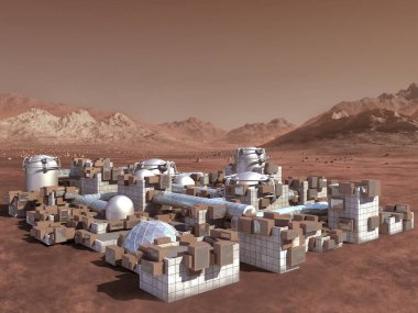 Bilim kurgu veya uzay araştırmaları için endüstriyel, modüler, mimari ve habitat podları olan kırmızı kayalık bir arazide bir Mars kolonisinin 3 boyutlu çizimi.