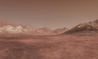 Mars 'a benzeyen, kurak manzaralı ve kayalık tepeli kırmızı bir gezegenin 3 boyutlu görüntüsü, 3 boyutlu illüstrasyon ortamları için..