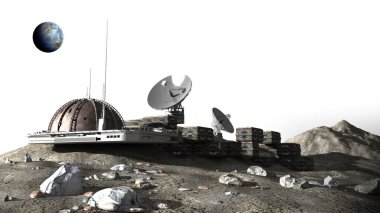 Kubbe yapısına, araştırma modüllerine, gözlem kapsüllerine ve iletişim uydu antenlerine sahip bir Ay üssünün 3 boyutlu çizimi.