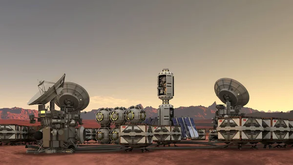 3D illustration of a Mars colony, on a red rocky terrain with an industrial, modular, architecture and communication antennas, for science fiction or space exploration backgrounds.