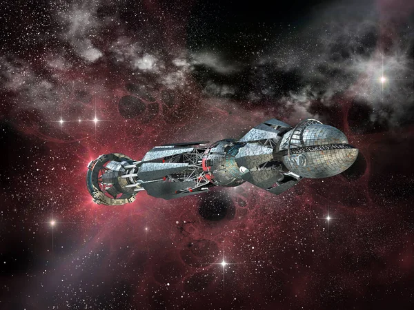 3D illustration of a spaceship in interstellar travel, for science fiction artwork or video game backgrounds.