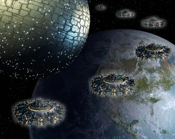 Spherical Spaceship Ufo Fleet Approach Earth Futuristic Deep Space Travel — Stock Photo, Image