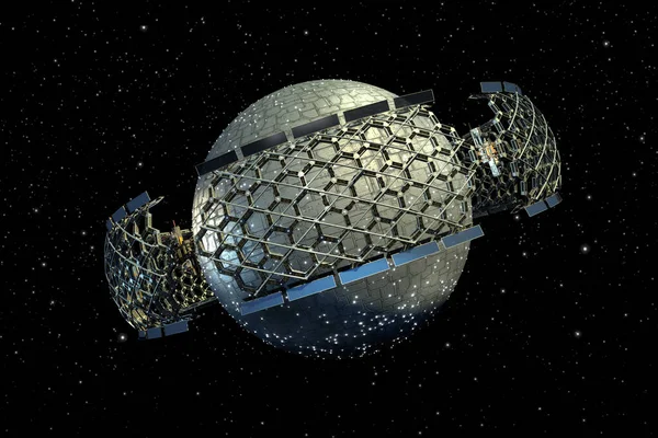 Honeycomb Geodesic Structure Surrounding Spherical Spaceship Clipping Path Included File — Stock Photo, Image