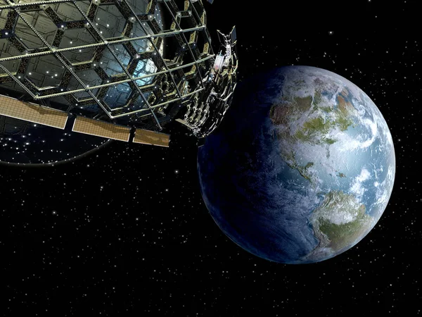 地球に接近する球状の母船を取り巻く巨大なハニカム構造の3Dレンダリング Sfグラフィックや宇宙探査の背景 — ストック写真