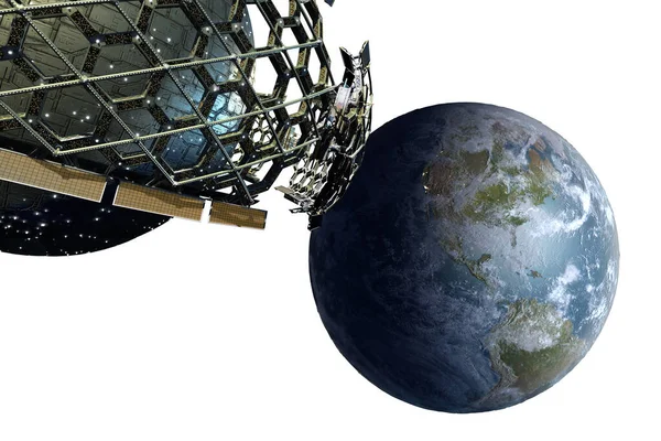 Wabenstruktur Die Ein Kugelförmiges Raumschiff Der Nähe Der Erde Umgibt — Stockfoto