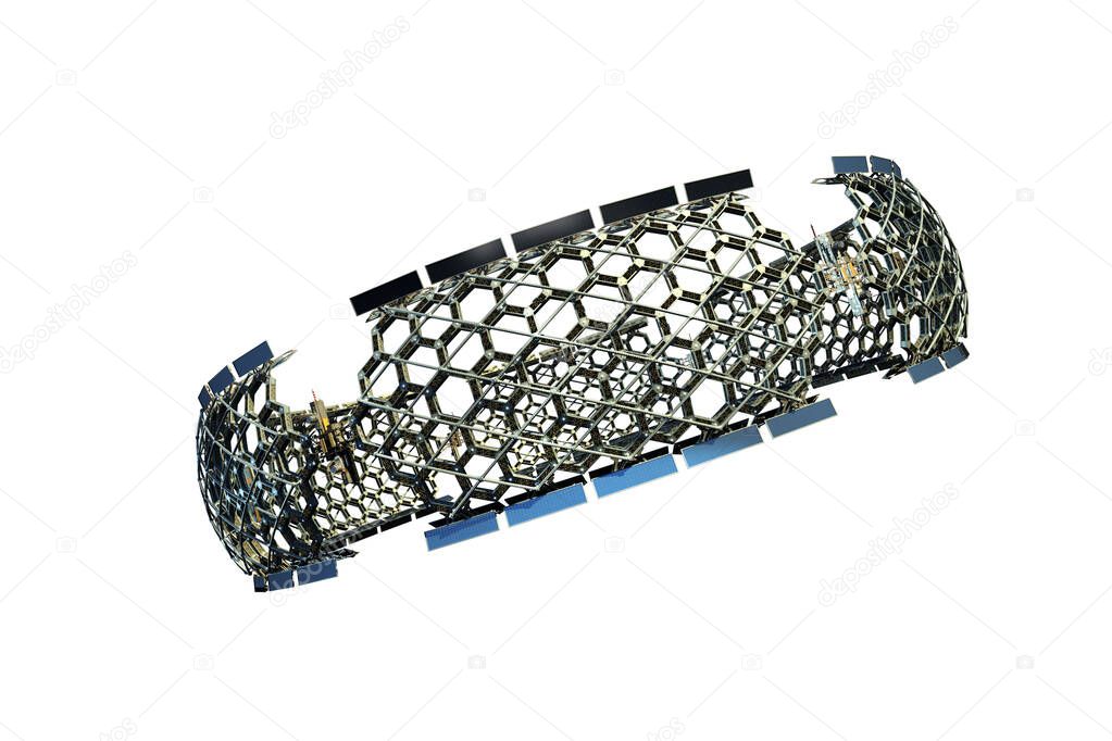 3D rendering of a giant spaceship with a honeycomb mesh structure and the clipping path included in the file, for science fiction graphics, space exploration or interstellar travel backgrounds