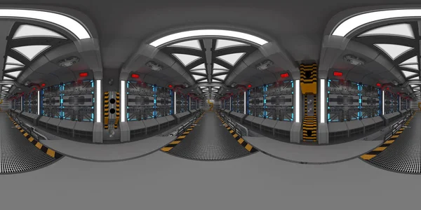 Fütürist bir uzay gemisi koridoru ya da uzay istasyonunun 360 küresel panoramasının bilim kurgu, fantezi ve yıldızlararası uzay yolculuğu için hava kilitlerinin sonlandığı üç boyutlu görüntüsü.