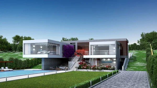 プール付きのモダンな高級住宅の3Dイラスト 現代的でオリジナルの建築デザイン — ストック写真