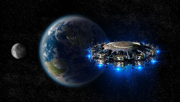 3D地球に近い青色の光を持つエイリアン宇宙船のイラスト 未来的な星間旅行 またはファンタジー戦争ゲームの背景 Nasaによって提供された画像の要素 — ストック写真