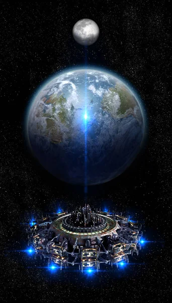 Rendered Poster Ufo Spaceship Earth Moon Background Futuristic Interstellar Travel — Stock Photo, Image
