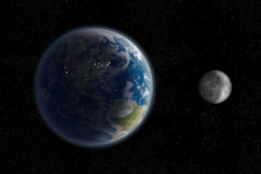 Dünya ve Ay, Amerikan kıtalarını gösteren bir yıldız alanı arkaplanında gece vakti uzaydan yansıtılıyor. Bu görüntünün elementleri NASA tarafından desteklenmektedir.