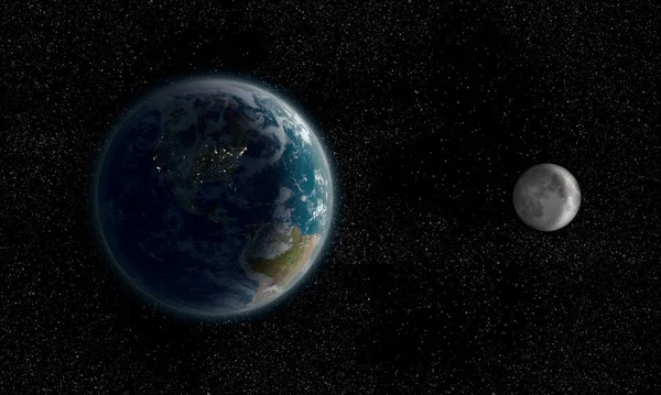 Рендеринг Земли Луны Ночное Время Космоса Фоне Звездного Поля Науки — стоковое фото