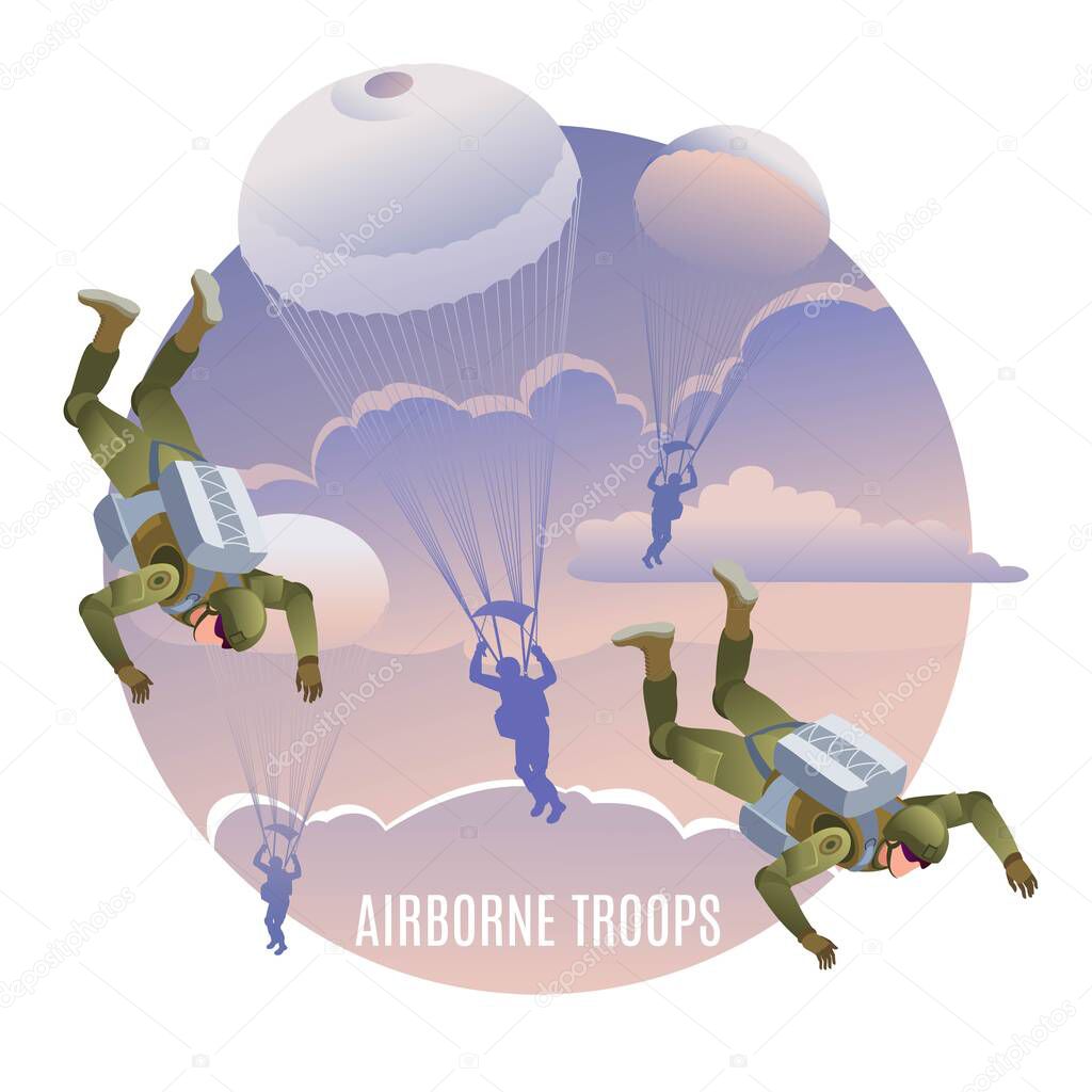 Airborne troops on mission. Background of the clouds sky at sunset. Illustration isometric icons on isolated background