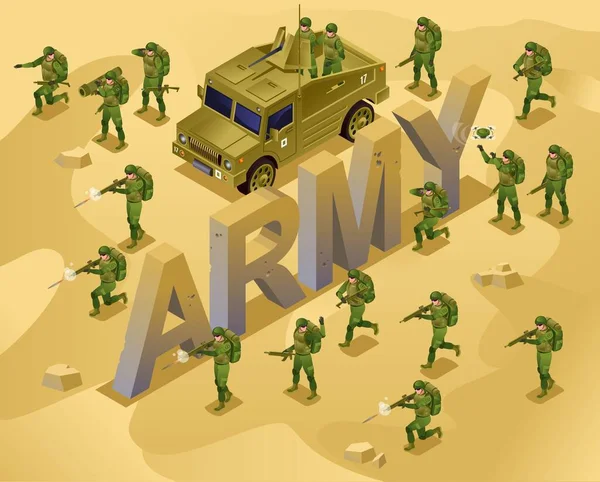 Επίθεση Στρατιώτες Του Σύγχρονου Στρατού Και Ισομετρική Λέξη Στρατιωτική Απεικόνιση — Διανυσματικό Αρχείο