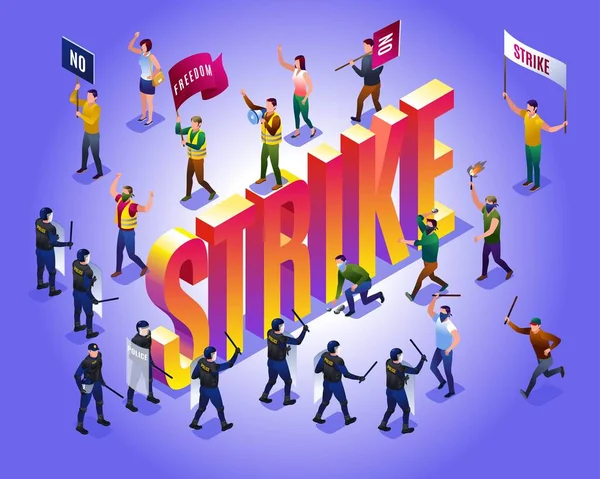 Strejk Och Isometriskt Ord Strejk Demonstratorer Med Banderoller Och Polis — Stock vektor