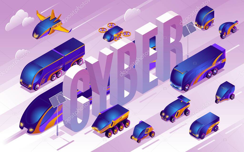 Cyber Transport and isometric word Cyber illustration of isometric icons on isolated background