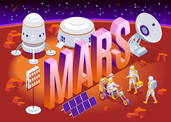 Mars Besiedlung Und Isometrisches Wort Mars Isometrische Symbole Auf Isoliertem — Stockvektor