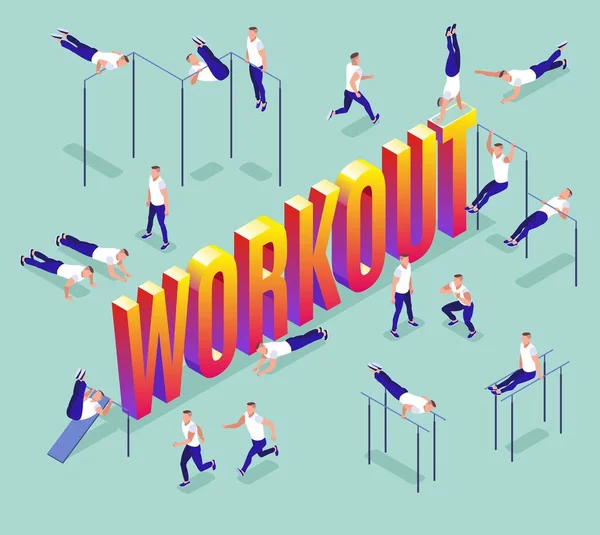 Trainingsjongen Isometrische Woord Workout Fitnessoefening Fitnessruimte Buiten Mensen Parallelle Balken — Stockvector