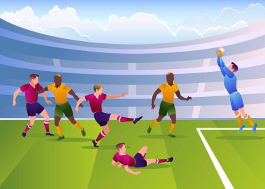 Kapıdaki futbol oyunu tehlikeli bir an. İzole edilmiş beyaz arkaplanda düz çizgi film simgeleri.