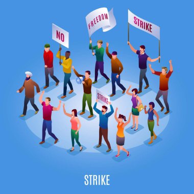 Mavi izole arkaplanda bayraklar ve pankartlarla protesto eylemcileri grev eylemcileri izometrik simgeler
