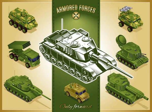 Koncepce Obrněných Sil Poster Kolekce Plakátů Tanky Vojenských Vozidel Nastavit — Stockový vektor