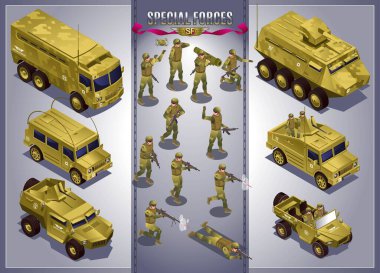 Gri izole arkaplana izometrik simgeler yerleştirilmiş Askerler ve askeri araçlar ile Özel Kuvvetler Konsept Poster koleksiyonu