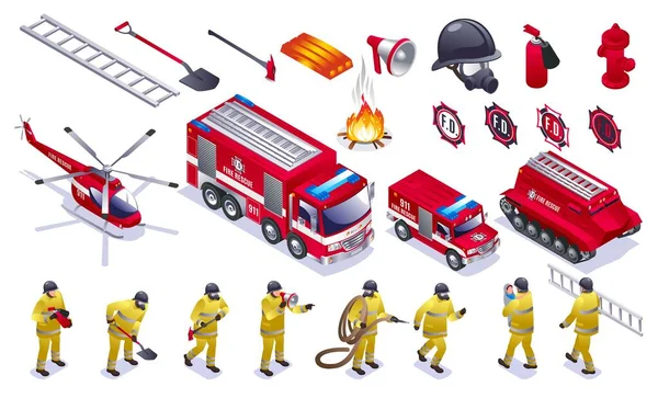 Firefighters Fire Trucks Fire Fighting Helicopter Firemen Tools Set Isometric — Stock Vector